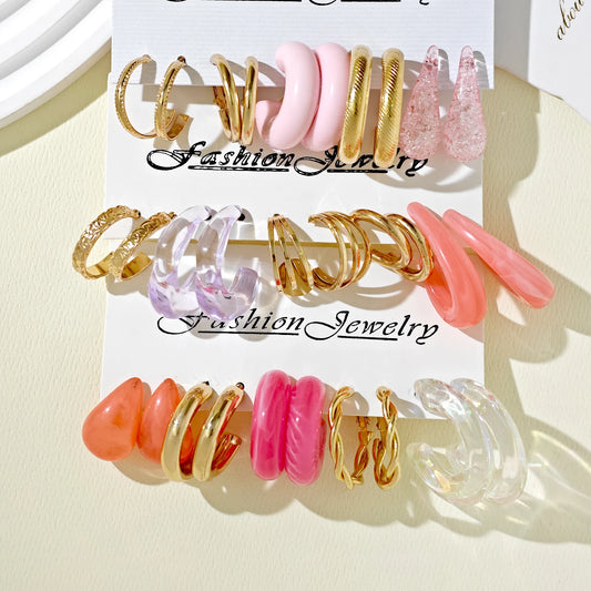 10pcs/30pcs Cross-Border Hot-Selling EU/US Alloy Square Geometric Women's Earring Set - High-End C-Shaped Hoops