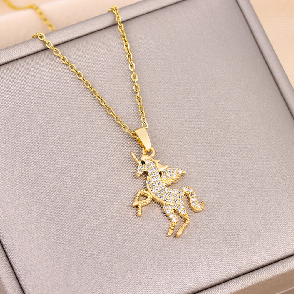 Trendy 18K Gold Plated Zircon Crystal Pendant Stainless Steel Necklace For Women Female Clavicle Chain Jewelry Lady Accessories
