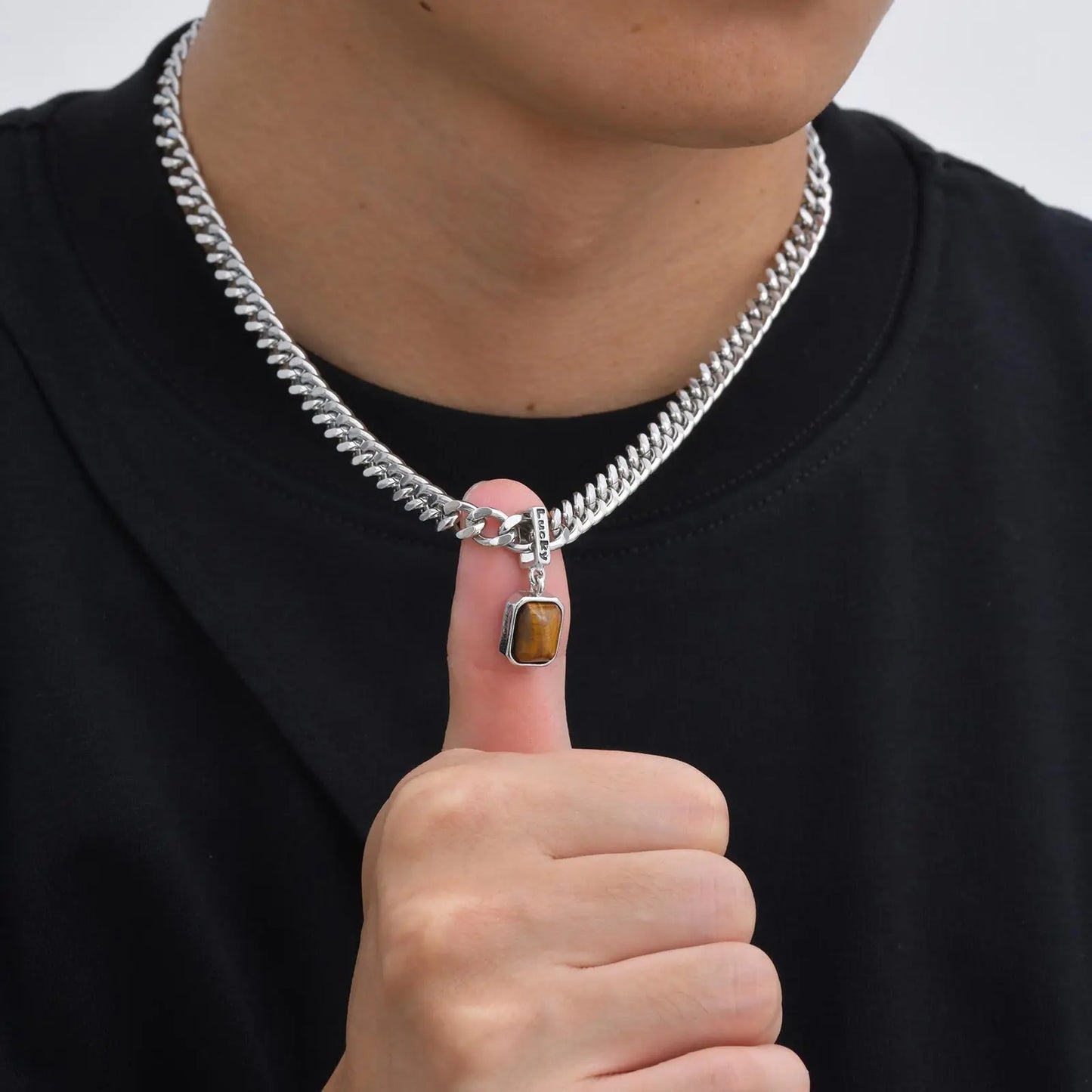 Hiphop Chunky Cuban Chain Necklace for Men Boys,Stainless Steel Lucky Words Square Stone Pendant Collar,Trendy Birthday Gift