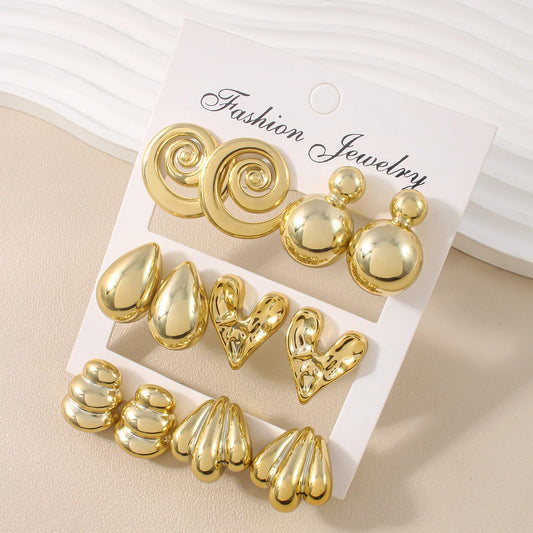 6 Pairs Punk Geometry CCB Stud Earrings Creative Water Drop Heart Earrings for Women Charm Daily Versatile Party Jewelry