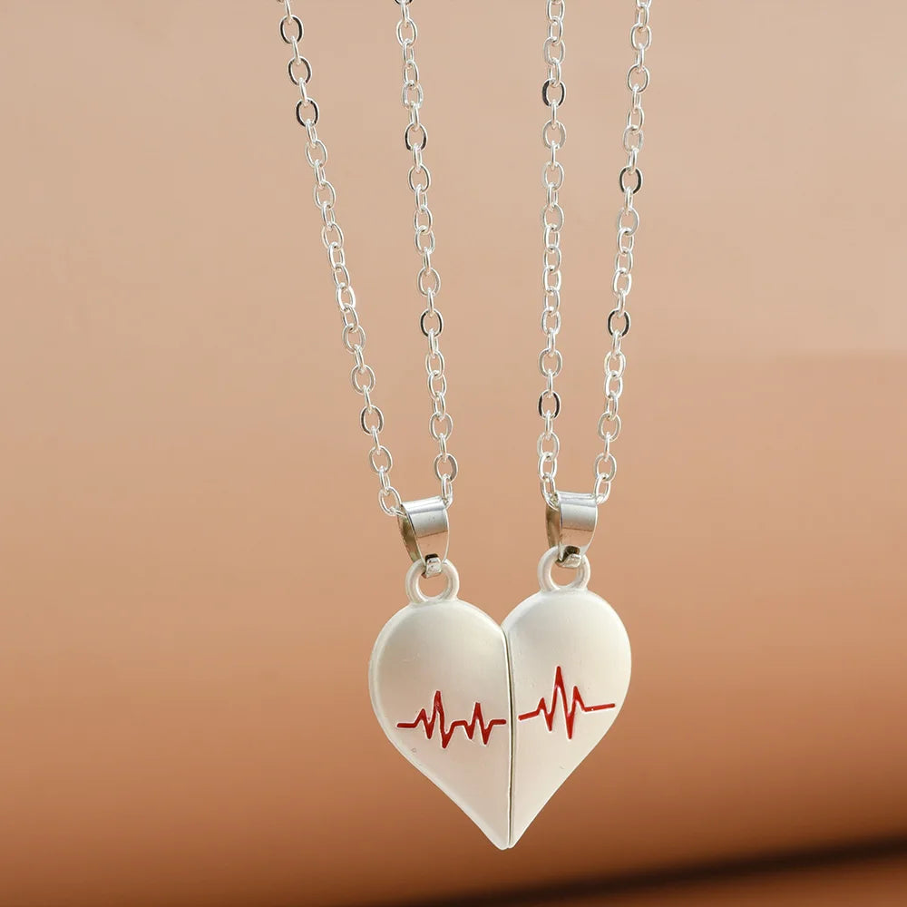 2Pcs Electrocardiogram Couple Necklaces for Lovers Boys Girls Stainless Steel Magnetic Heart Pendant Jewelry Valentines Day Gift