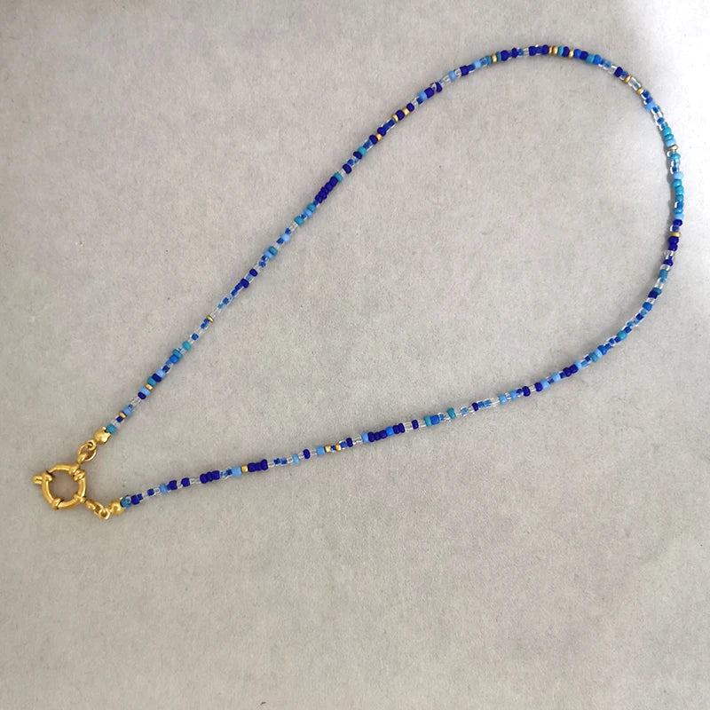 QMHJE Imitation Pearl Necklace Women Choker Seed Beads Rainbow Stainless Steel Clasp Sailor Buckle Base Chain Gold Color Boho