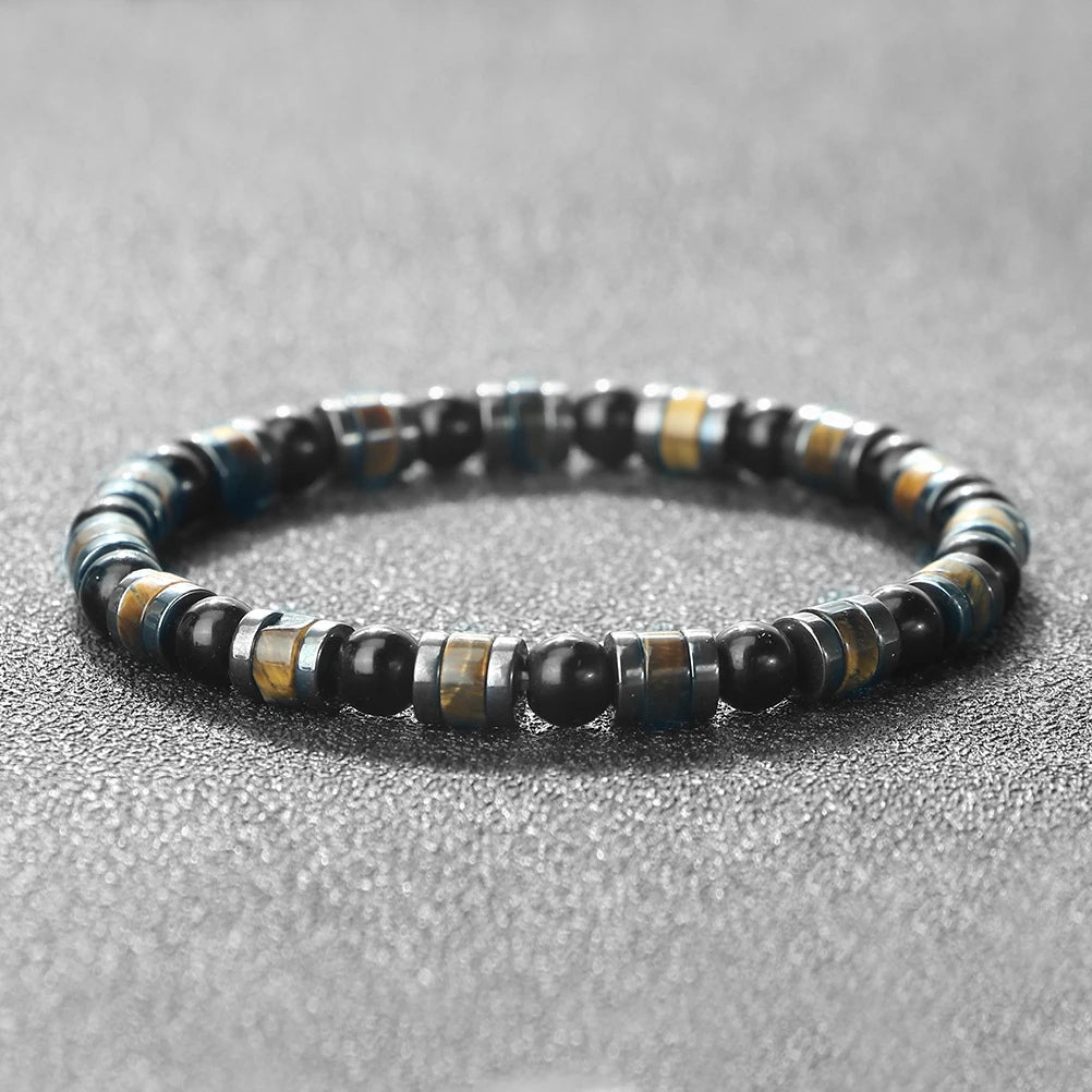 Men Bracelet Natural Tiger Eye Stone Cylindrical Beads Bracelets Hematite Spacer Handmade Adjustable Bangles Women Yoga Jewelry