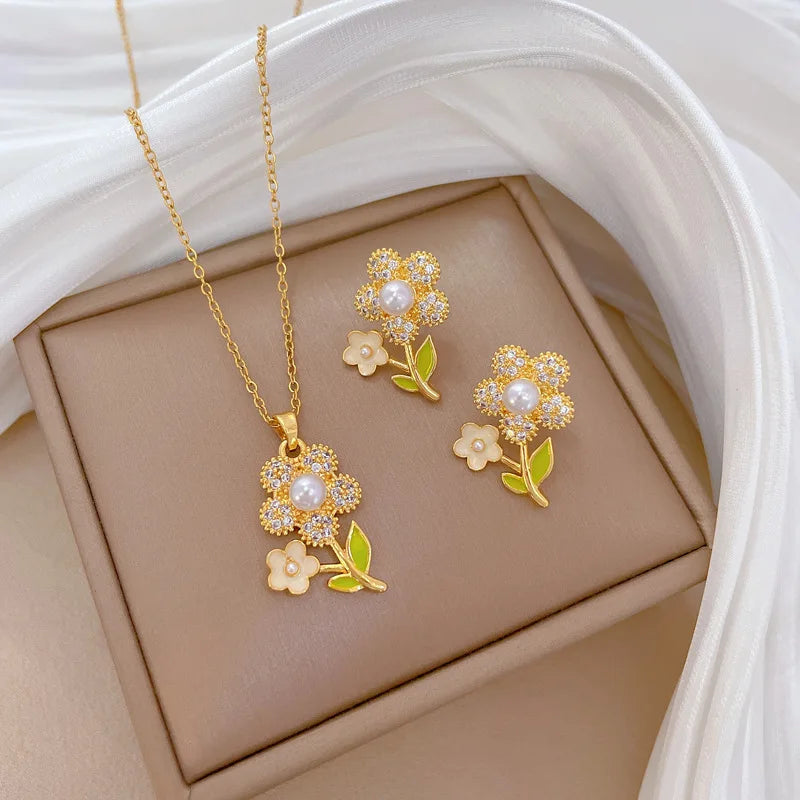 DIEYURO 316L Stainless Steel Butterfly Flower Bowknot Necklace Earrings For Women Girl New Concise Trendy Jewelry Set Gift Party
