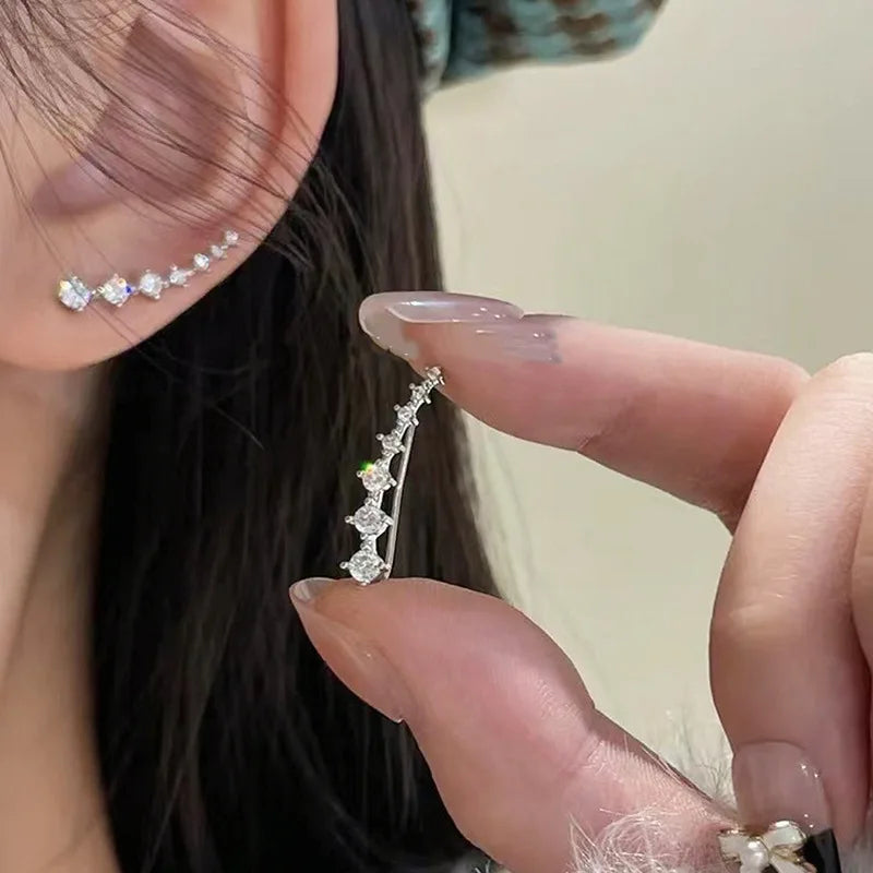 Korean Shiny Zircon Star Flower Climbing Earrings for Women Exquisite Sliver Color Crystal Statement Earrings Jewelry Gifts