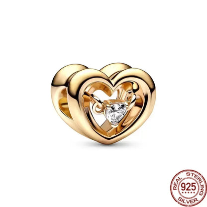 Original 925 Sterling Silver Gold Heart Charms Beads Sparkling MapleLeaf Safety Pendant For Women Bracelet DIY Fine Jewelry Gift