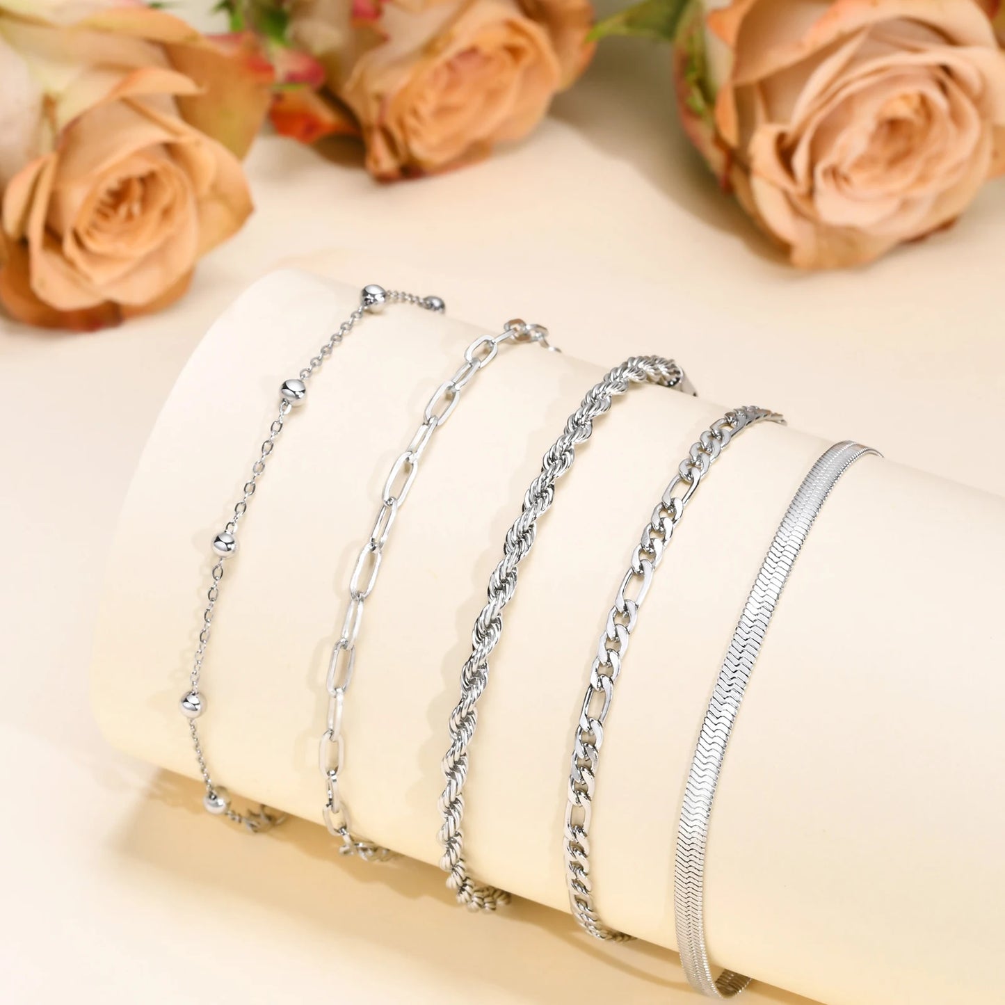 5PCS/Set Women Gold/Silver Color Bracelets,Stainless Steel Lady Geometric Fashion Charm Chain,Multi Layers Dainty Girl Jewelry