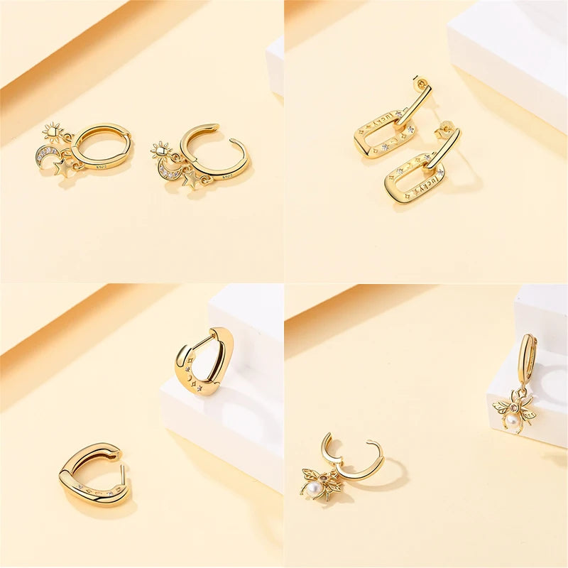 New in 925 Silver Color Gold Pearl Bee Irregularity Star Moon Earrings For Women 2025 Trending Fashion Jewelry Birthday Gifts