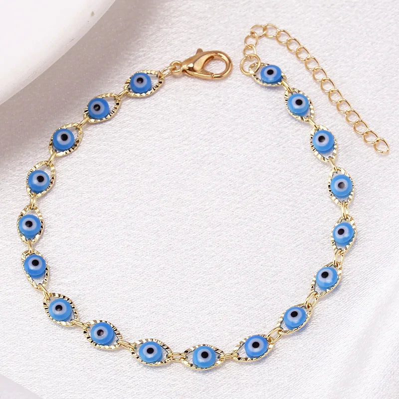 Bohemian Oval Evil Blue Eye Charm Bracelet Gold Silver Color Brass Chain Bracelets for Women Men Prayer Jewelry