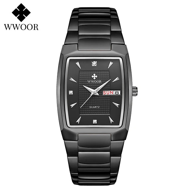 WWOOR Luxury Men's Wristwatch Top Brand Fashion Square Dial Stainless Steel Calendar Waterproof Men Quartz Watches Casual Clock
