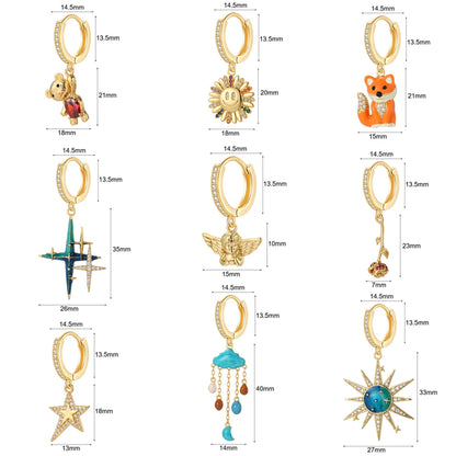 Cute Sun Moon Star Rainbow Red Heart Love Rose Flower Korean Hoop Earrings for Women Gold Color New In Earring High Quality