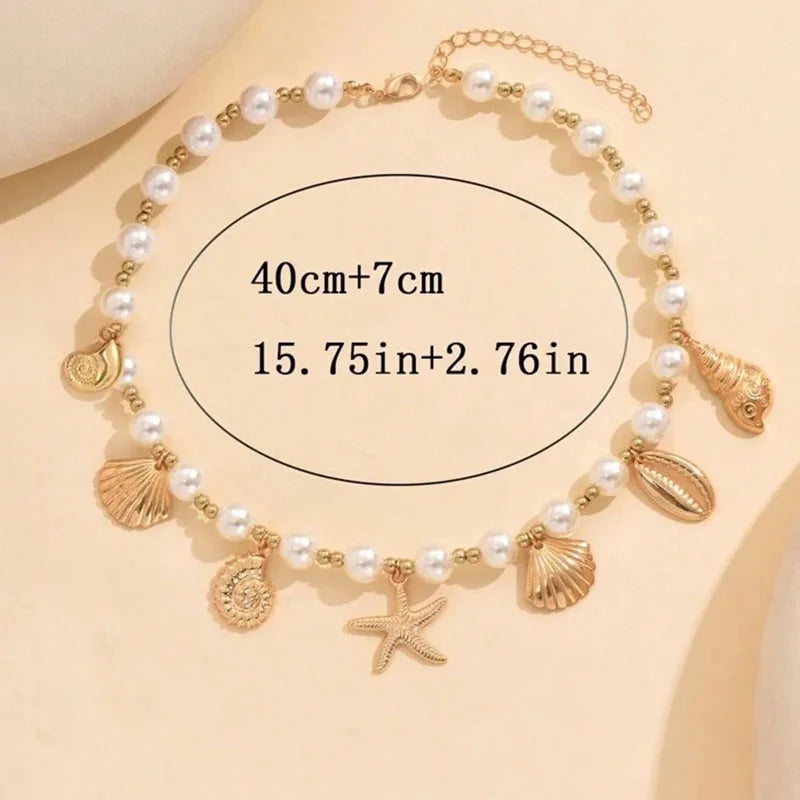 Bohemia Conch Starfish Imitation Pearl Necklace for Women Luxury Exquisite Beaded Shell Pendant Necklace Beach Holiday Jewelry