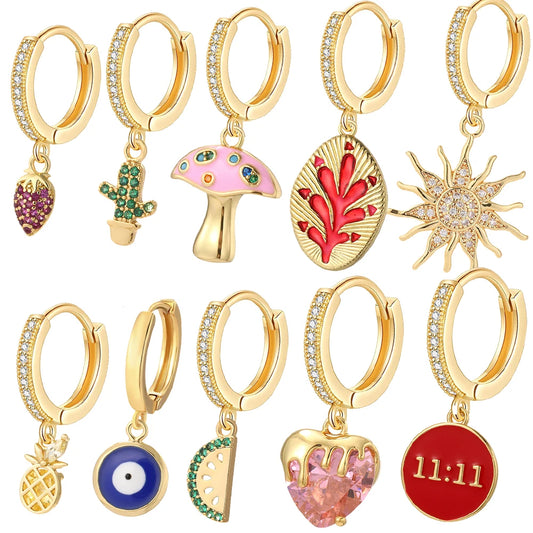 Sun Cute Fruit Hoop Earrings for Women Gold Color Heart Evil Blue Eye Dangle Earrings Micro Pave CZ New in Fashion Jewelry