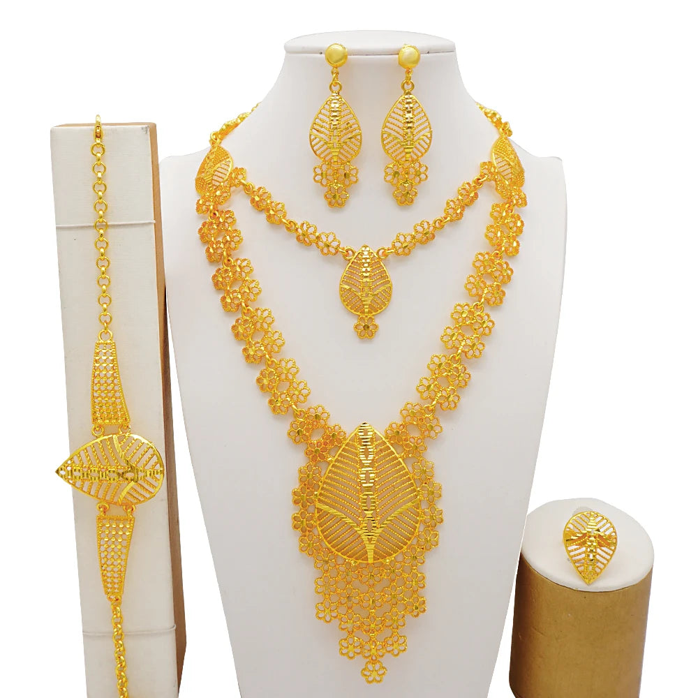 Dubai Gold Color Jewelry Set For Woman Bridal Nigerian African Long Chain Necklace Earrings Bracelet Ring Jewellery Set