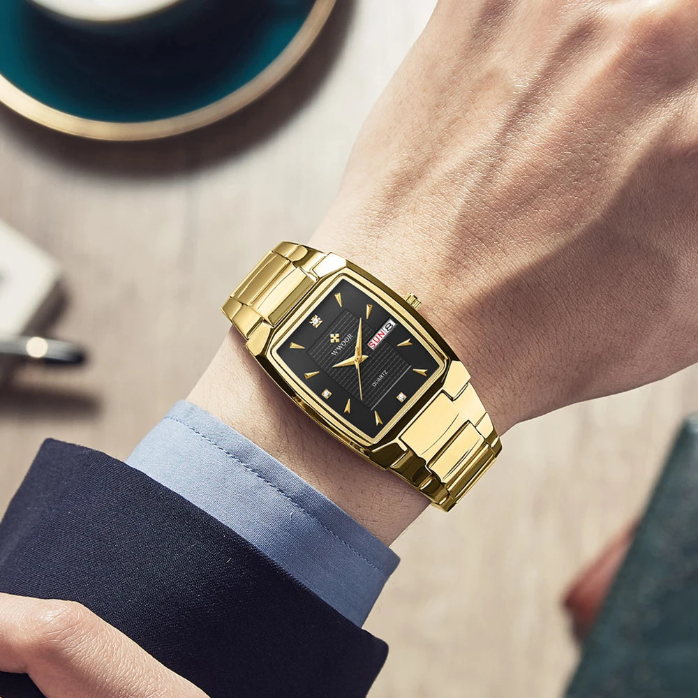 WWOOR Luxury Men's Wristwatch Top Brand Fashion Square Dial Stainless Steel Calendar Waterproof Men Quartz Watches Casual Clock