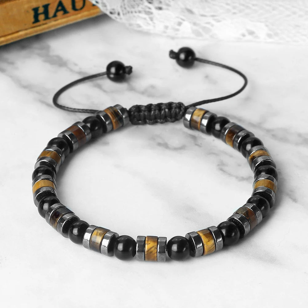 Men Bracelet Natural Tiger Eye Stone Cylindrical Beads Bracelets Hematite Spacer Handmade Adjustable Bangles Women Yoga Jewelry