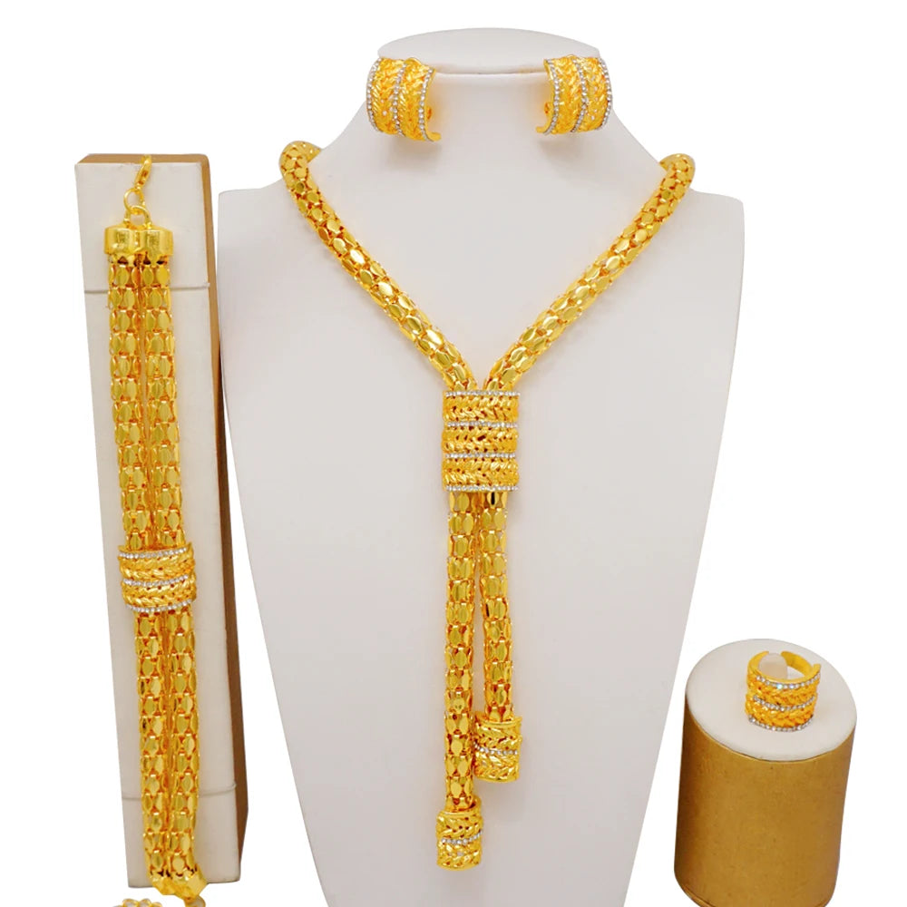 Dubai Gold Color Jewelry Set For Woman Bridal Nigerian African Long Chain Necklace Earrings Bracelet Ring Jewellery Set