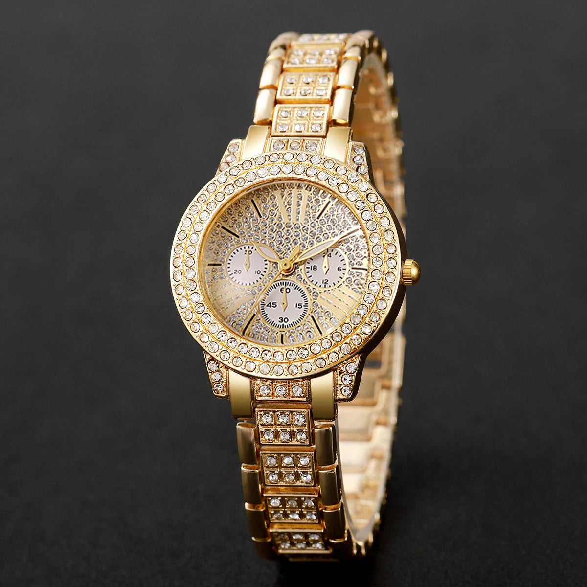 6PCS/Set Luxury Rhinestone Women Watches Fashion Roma Dial Quartz Wristwatch Jewelry Set