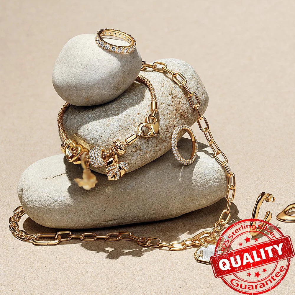 Sparkling Gold Monstera Leaf Charm Fit Original Bracelet 925 Sterling Silver Shark Tooth Mini Charm for Girls Party Jewelry