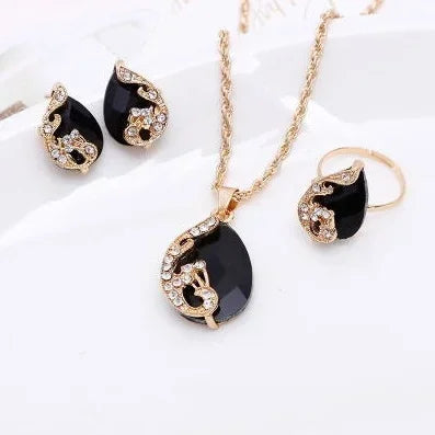 Delysia King  4PCS Trendy Water Droplets Peacock Jewelry Set Crystal Elegant Necklace/Earrings/Ring for Cocktail