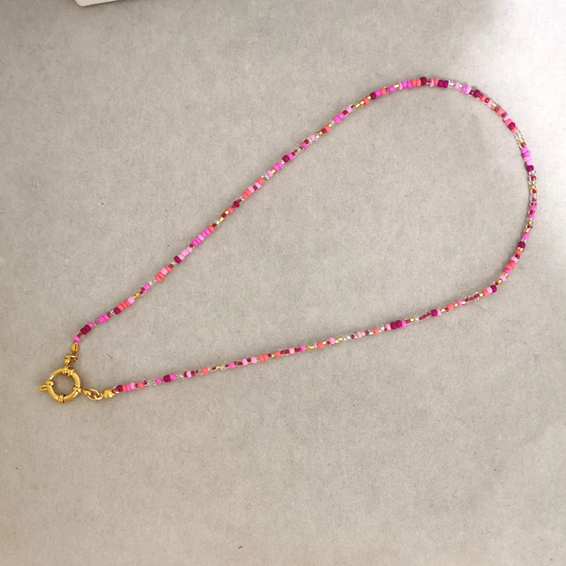 QMHJE Imitation Pearl Necklace Women Choker Seed Beads Rainbow Stainless Steel Clasp Sailor Buckle Base Chain Gold Color Boho