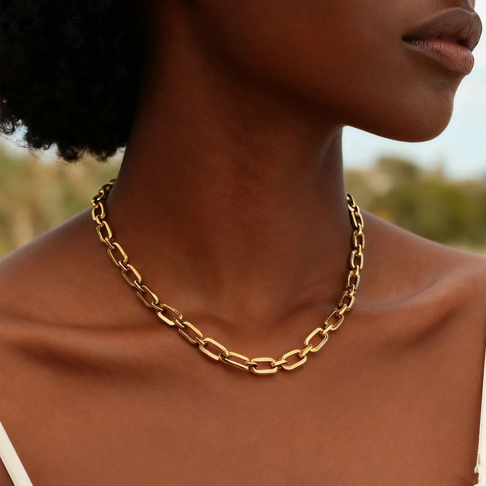 Chunky Gold Plated Link Necklace For Women, Stainless Steel Oval Thick Chain Choker Minimalist Jewelry
