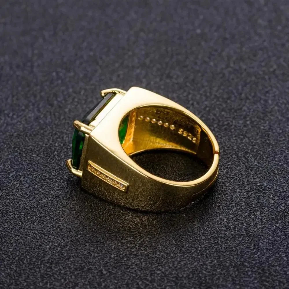 Popular Emerald Rings Men's Jewelry Retro Style Square Ethnic Rings 14k Gold Color Open Green Diamond Ring for Gift Box
