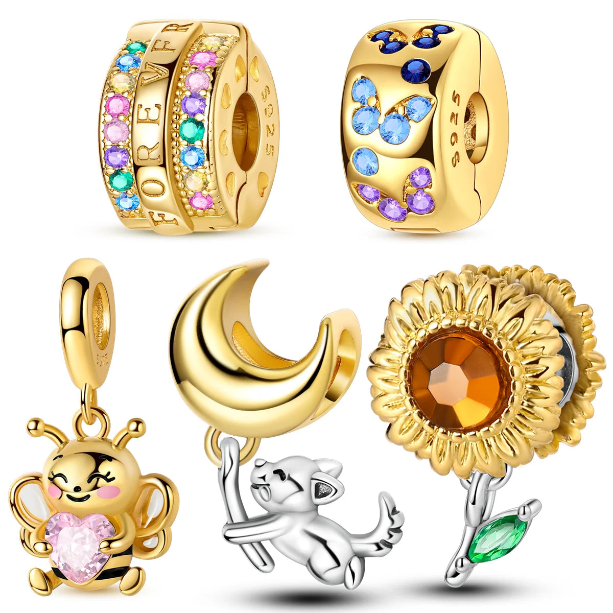 Gold Series DIY Charms Bead Original 925 Sterling Silver Inlaid Zirconium Sun Leopard Pendants Fit Bracelet Jewelry Gift Marking