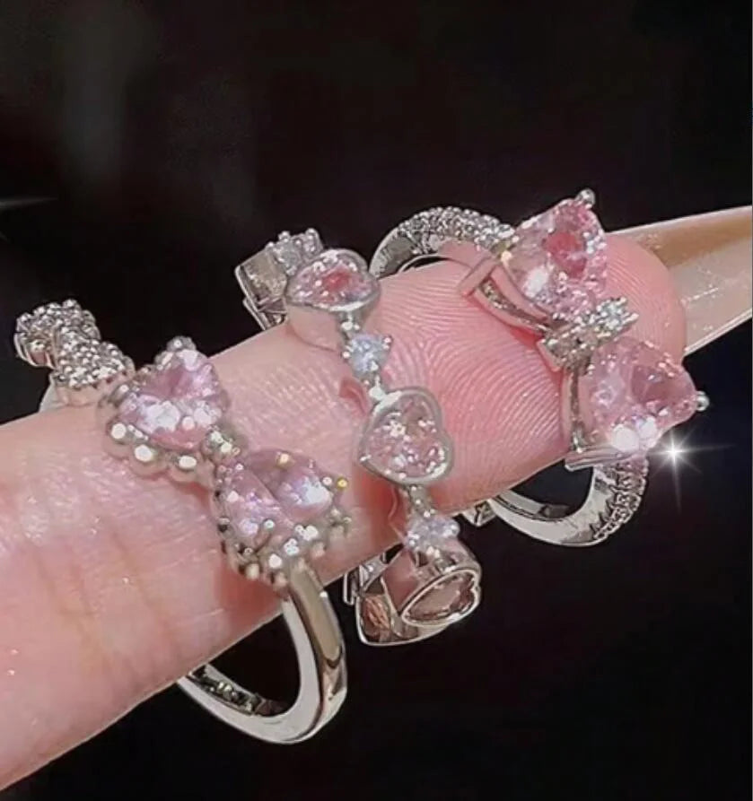 New Y2K Crystal Rings Kpop Heart Adjustable Ring Irregular Geometry Punk Vintage Rings Set for Women Girls 2024 Fashion Jewelry