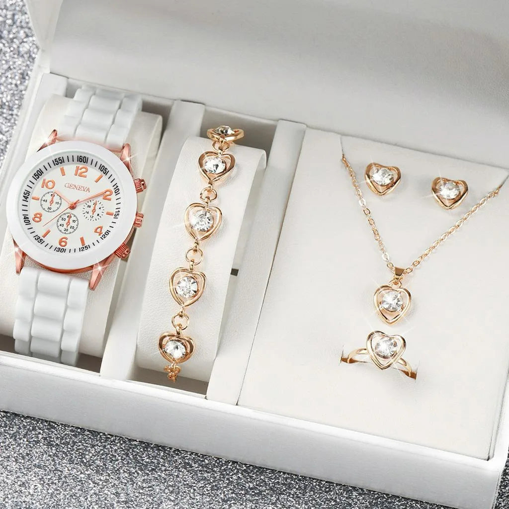 5PCS Set Luxury Watch Women Ring Necklace Earrings Pearl Rhinestone Wristwatch Female Casual Ladies Watches Bracelet (No Box)