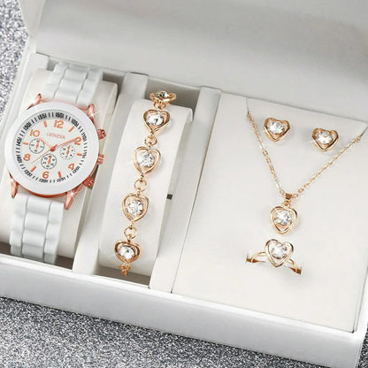 5PCS Set Luxury Watch Women Ring Necklace Earrings Pearl Rhinestone Wristwatch Female Casual Ladies Watches Bracelet (No Box)
