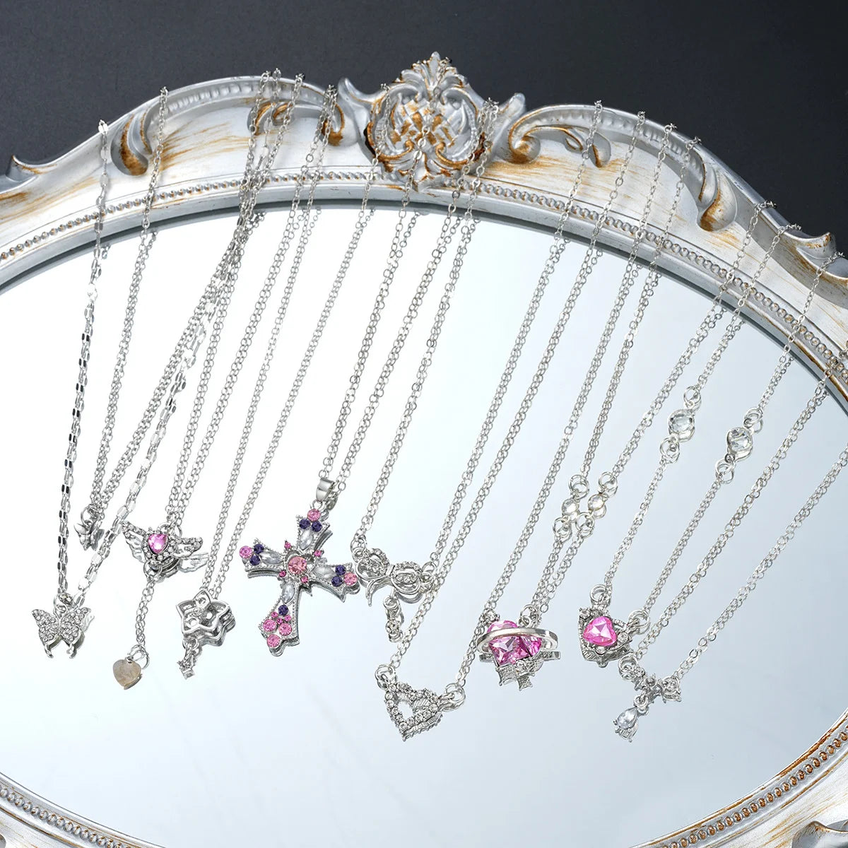 9 Pcs Gothic Y2K Pink Cross Heart Pendant Chain Choker Necklace Set For Women Girl Hip Hop Punk Charms Aesthetic Jewelry Gifts