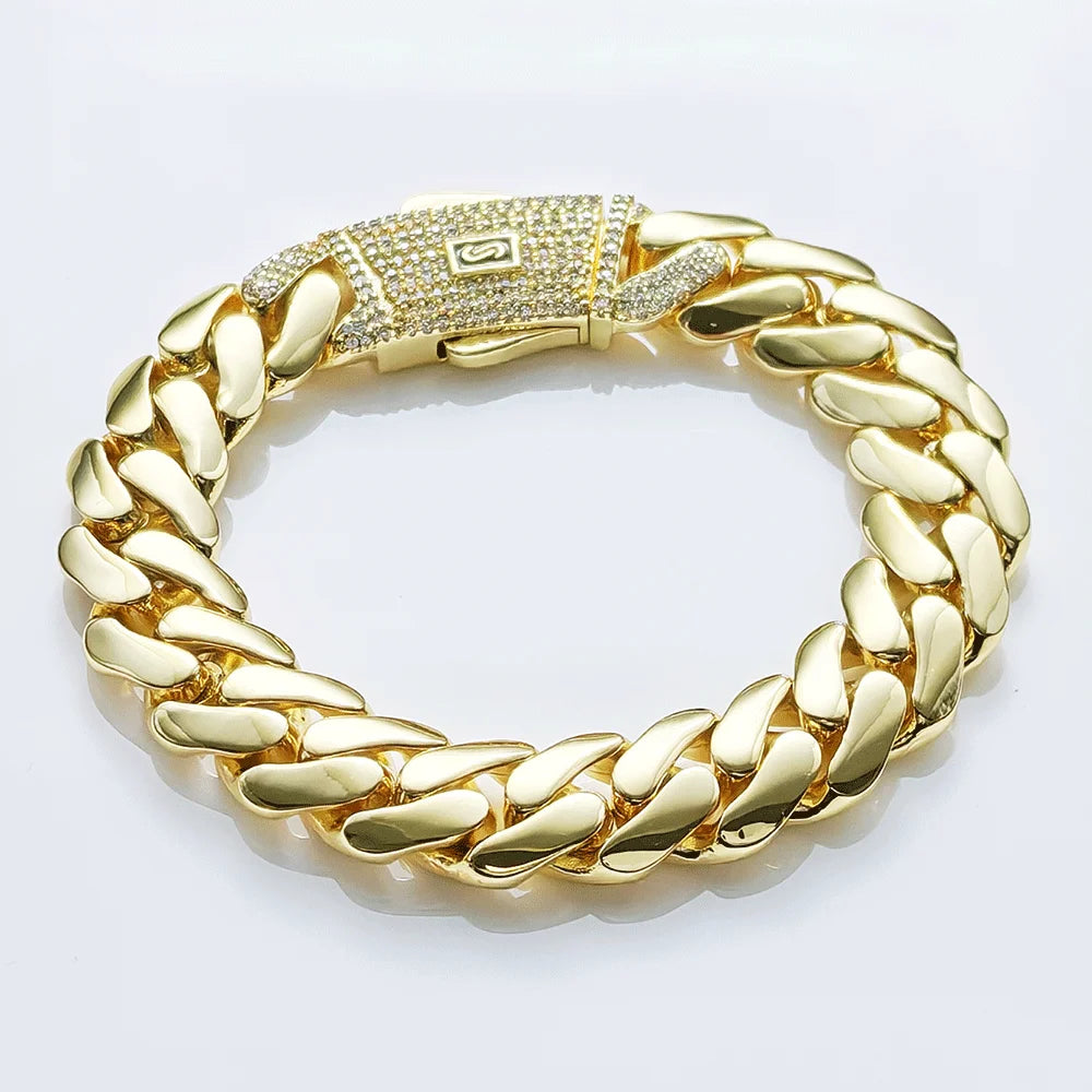 HHIOK Hot Sale Monaco 14k Gold Plated Mans Chain Iced Out Clasp Necklace Miami 12/15/20mm Brass Cuban Link Chain for Men