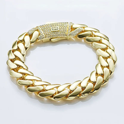 HHIOK Hot Sale Monaco 14k Gold Plated Mans Chain Iced Out Clasp Necklace Miami 12/15/20mm Brass Cuban Link Chain for Men