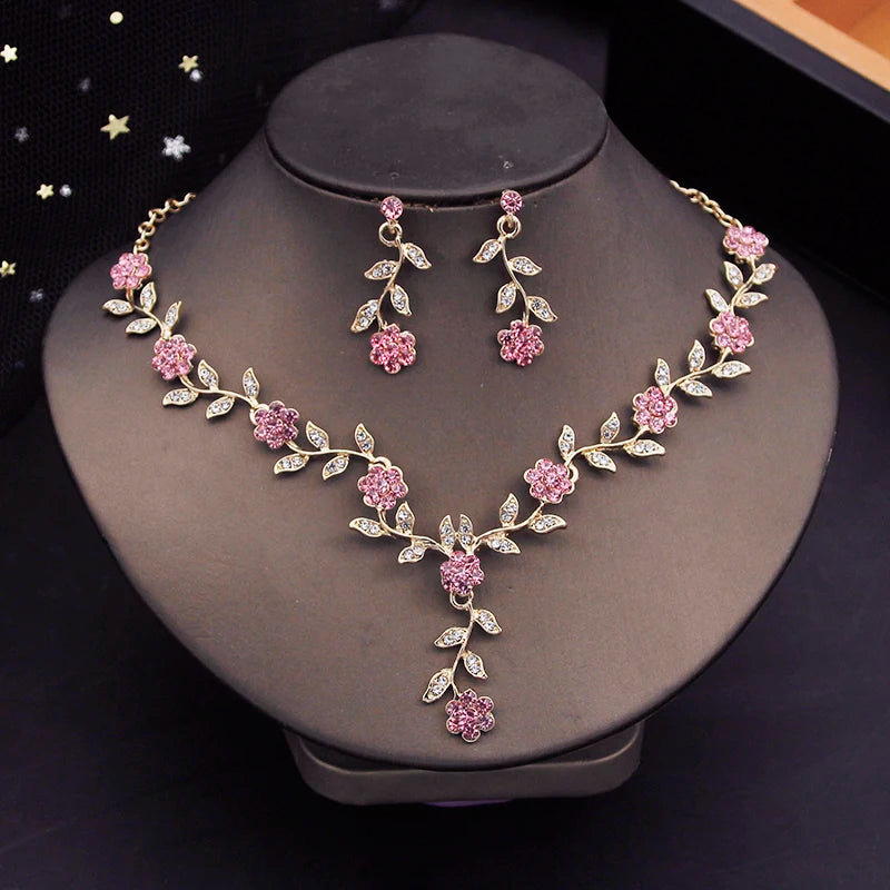 Rhinestone Bride Jewelry Sets for Women Luxury Flower Choker Necklace Earrings Wedding Dress Bridal Necklace Sets Fashion