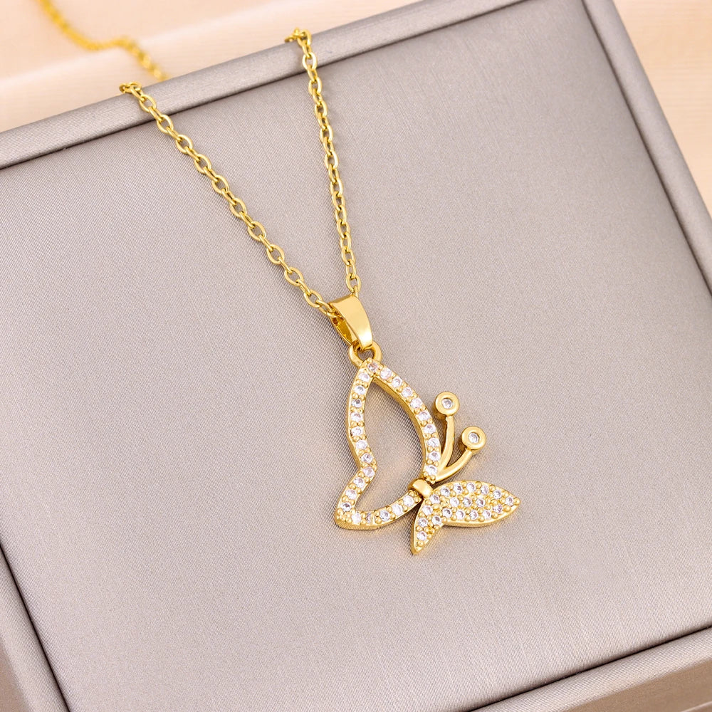 Trendy 18K Gold Plated Zircon Crystal Pendant Stainless Steel Necklace For Women Female Clavicle Chain Jewelry Lady Accessories