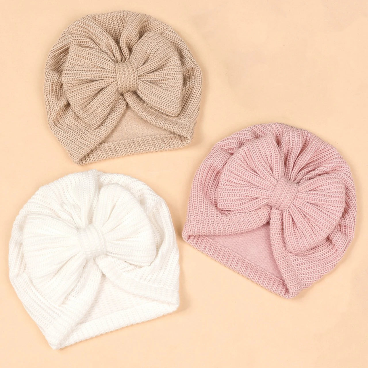 Autumn Winter Knitted Turban Cap For Baby Bow Indian Hat Solid Color Elastic Bandana Headband 0-6Month Newborn Beanie Headscarf