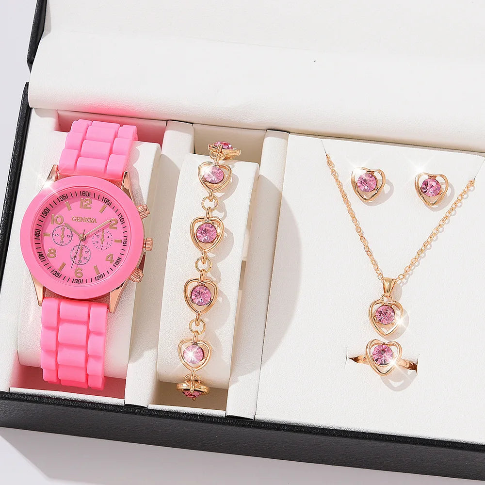 5PCS Set Luxury Watch Women Ring Necklace Earrings Pearl Rhinestone Wristwatch Female Casual Ladies Watches Bracelet (No Box)