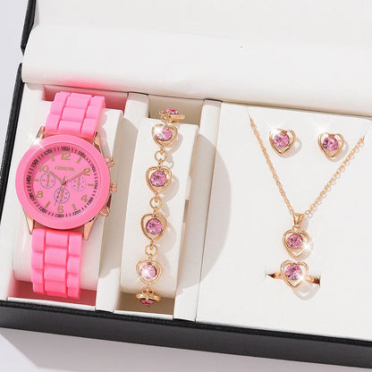5PCS Set Luxury Watch Women Ring Necklace Earrings Pearl Rhinestone Wristwatch Female Casual Ladies Watches Bracelet (No Box)