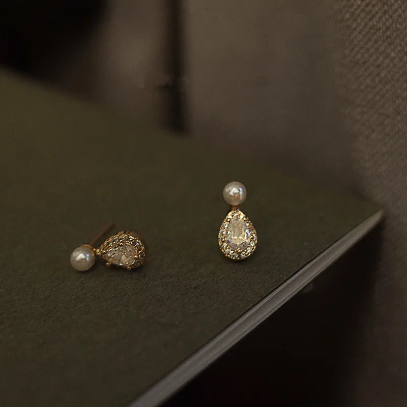 S925 Sterling Silver 14k Gold Plated Pearl Stud Earrings Water Drop Shiny Zircon Morning Dew Earrings for Women Wedding Jewelry