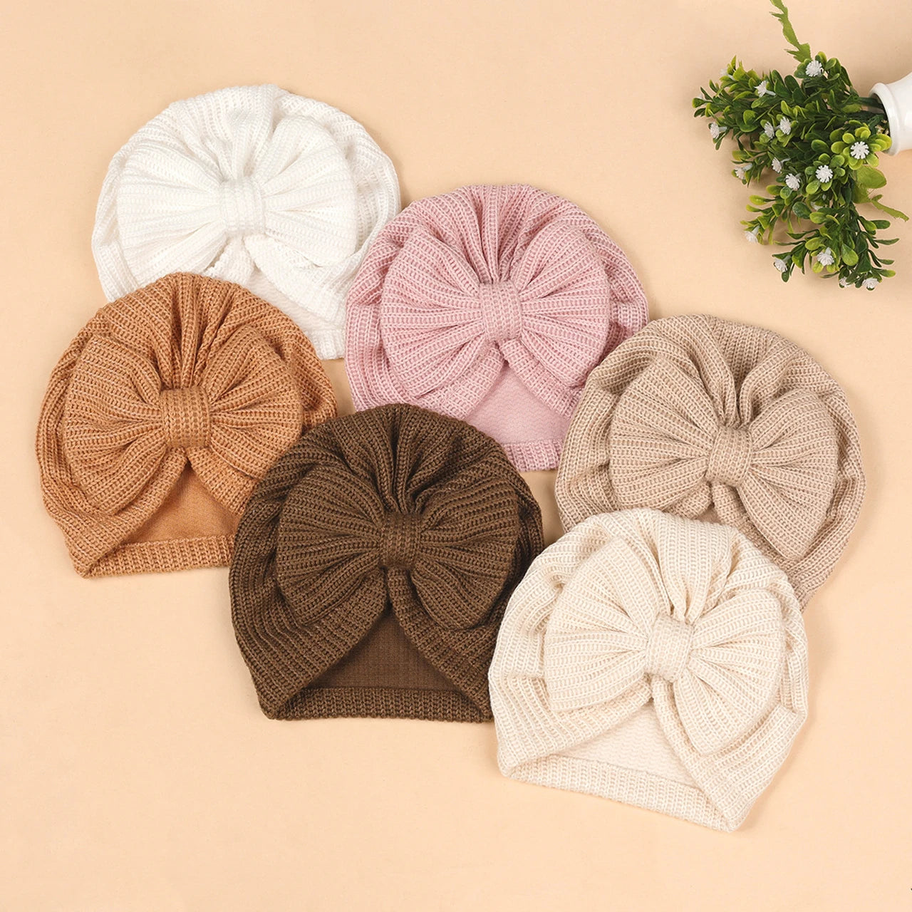 Autumn Winter Knitted Turban Cap For Baby Bow Indian Hat Solid Color Elastic Bandana Headband 0-6Month Newborn Beanie Headscarf