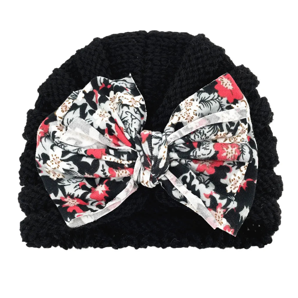 Autumn Winter Knitted Turban Cap For Baby Bow Indian Hat Solid Color Elastic Bandana Headband 0-6Month Newborn Beanie Headscarf