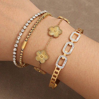ZAKOL 3Pcs Gold Color Stainless Steel Stacked Bracelet Bangles for Women Geometric Five-Leaf Flower Zircon inlaid Bracelet Gift