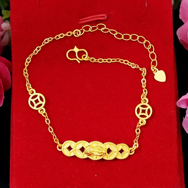 Women's 24K Gold Bracelet | Double Pixiu guarding coins, cloud - engraved chain, aged finish, classic & eye - catching