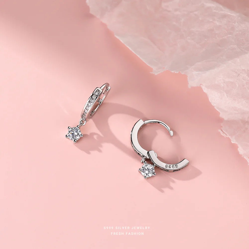 Earrings Silver 999 Star Zircon Round Simple Unique Elegant Jewelry Women's Stud Earrings Pendientes Mujer JHE66