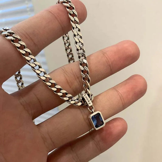 2025 Korean Fashion Blue Zircon Square Pendant Necklace for Women Vintage Silver Color Clavicle Chain Choker Jewelry Gift