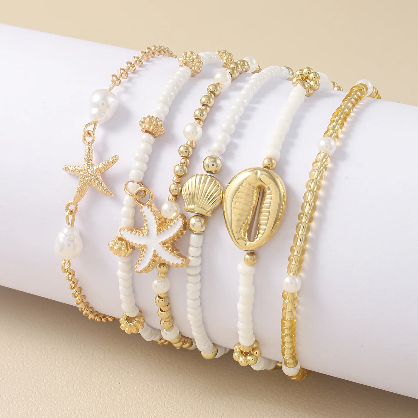 Bohemian Shell Starfish Bead Bracelet Set for Women Fashion Summer Beach Multilayer Stacked Pearl Bracelets Party Jewelry Gifts