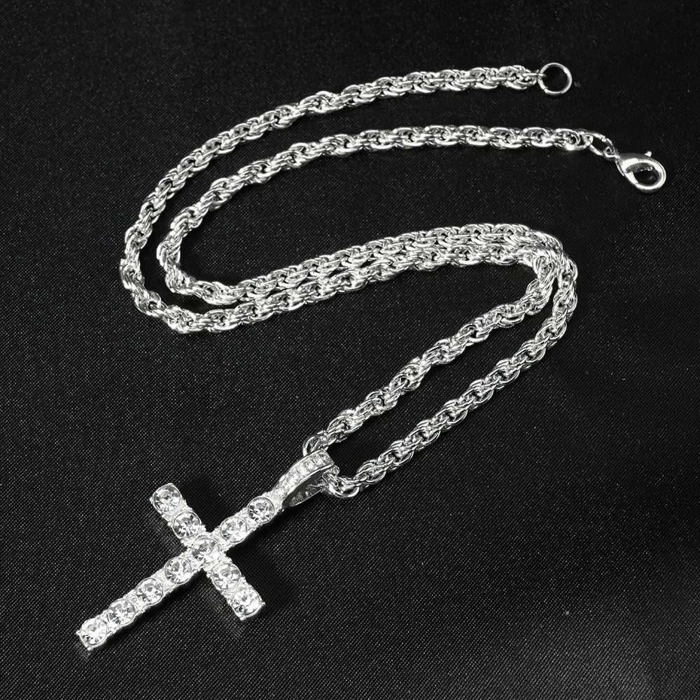 Men Women Hip Hop Cross Pendant Necklace Strap Men 4mm Zircon Tennis Chain Iced Sparkling Necklace Punk Jewelry Fashion Gift
