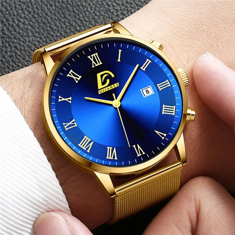 2PCS Set Fashion Mens Calendar Watches Luxury Men Business Golden Mesh Belt Quartz Watch Male Necklace Wristwatch