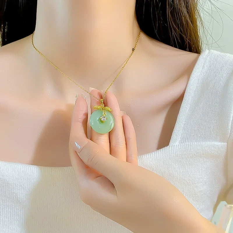 18k Gold Plated Titanium Steel Chain Fashion Chinese Style Imitation Jade Lucky Leaf Pendant Necklace Anniversary Gift